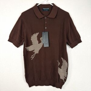 NWT Eight Avenue Men's Brown Bird Print Polo Sweater Ribbed Hem Stretch S, L, XL